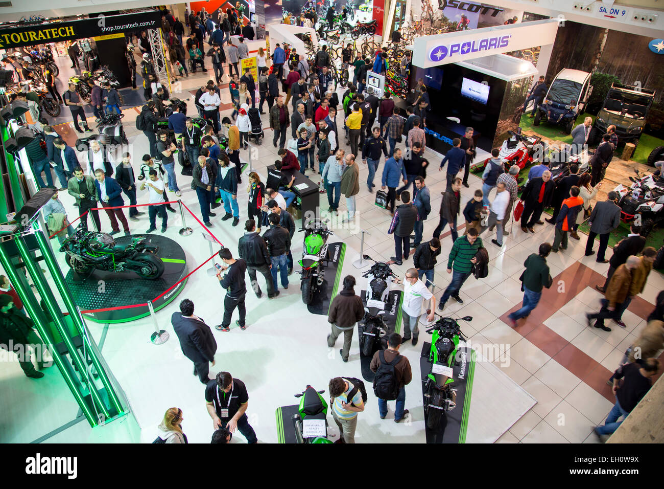 ISTANBUL, TURKEY - FEBRUARY 27, 2015: People visiting motorcycles on display at Eurasia motobike expo 2015, CNR Expo. Stock Photo
