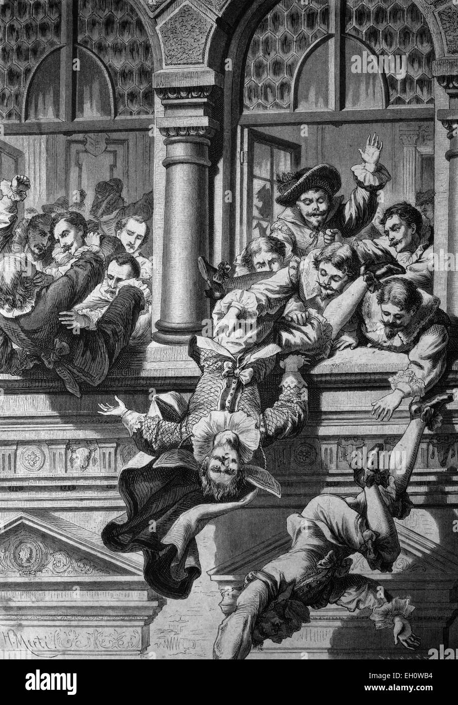 The Bohemian classes plunging the imperial governor down the window of the Prague City Hall, Defenestration of Prague, historical illustration, about 1886 Stock Photo