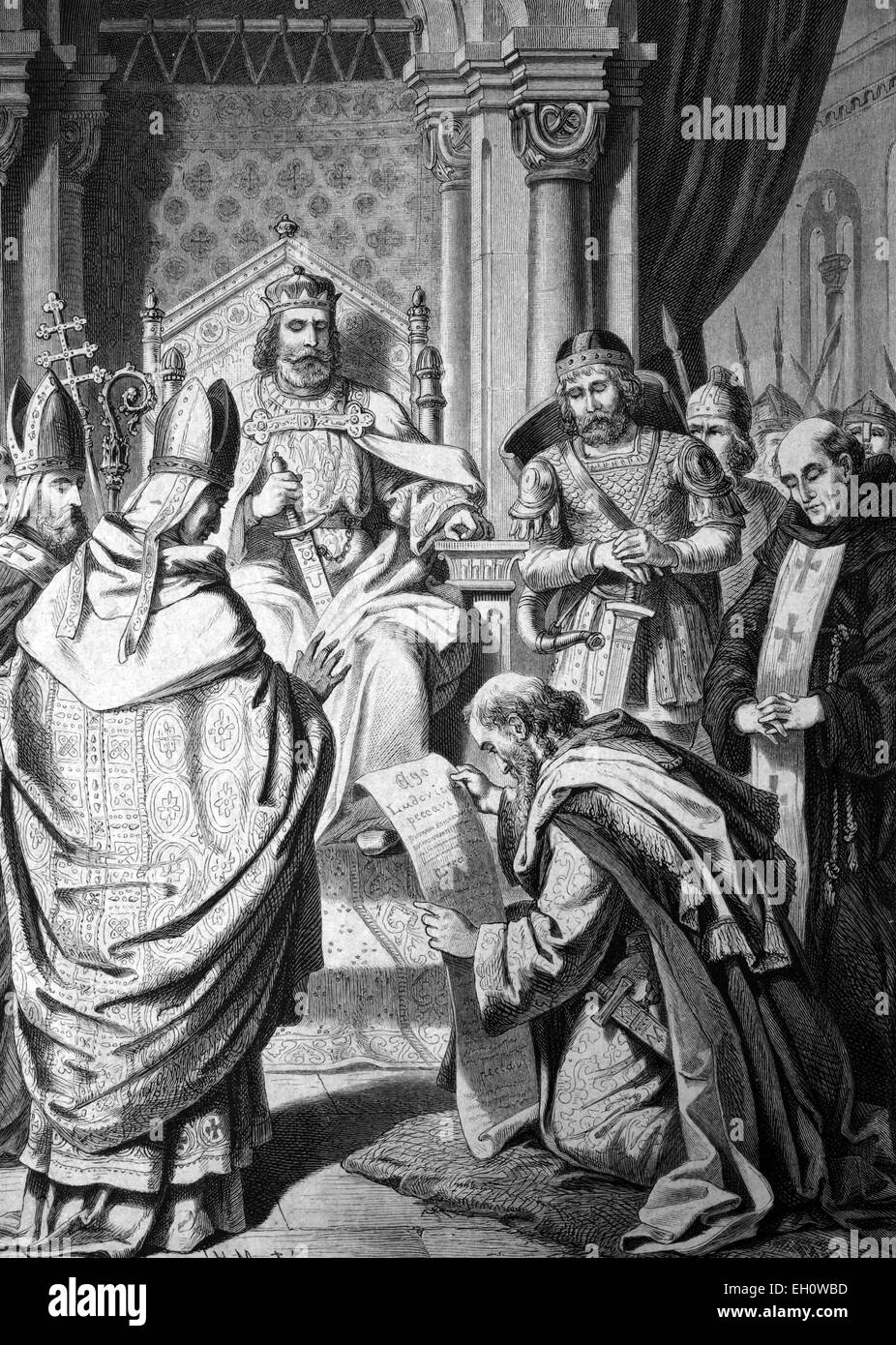 Emperor Louis the Pious, 778-840, has to repent kneeling in the church of Saint-Medard in Soissons, 822, historical illustration, about 1886 Stock Photo