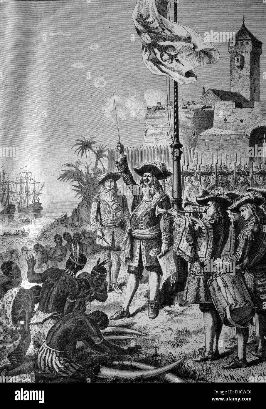 Otto Friedrich von der Groeben appropriating the coast of Guinea on 1st January 1683, on behalf of Friedrich Wilhelm, Count of Brandenburg, historical illlustration, about 1886 Stock Photo
