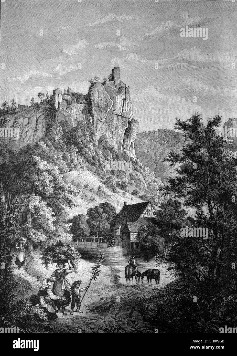 Neudeck castle ruin near Bad Birnbach, Bavaria, Germany, historical illlustration, about 1886 Stock Photo