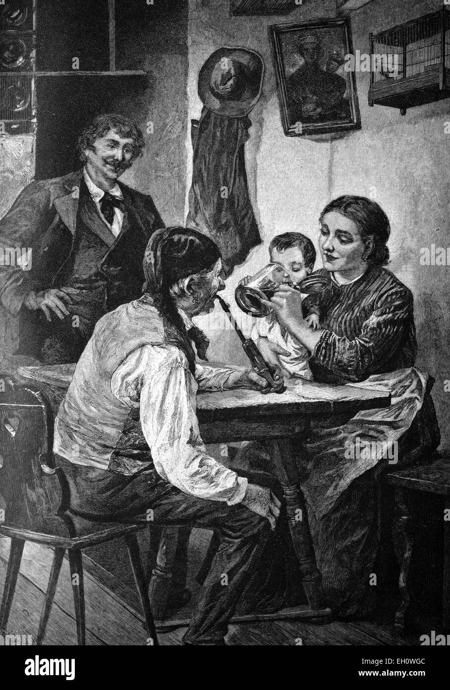 Idyllic family life, historical illlustration, about 1886 Stock Photo