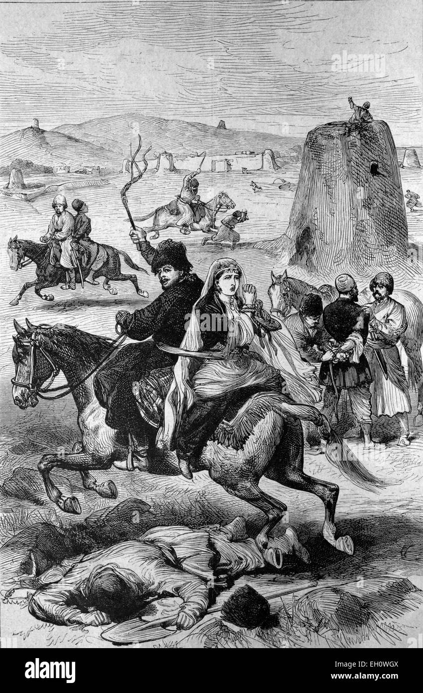 Turkmen kidnappers attacking Persian residents near the border, historical illlustration, about 1886 Stock Photo