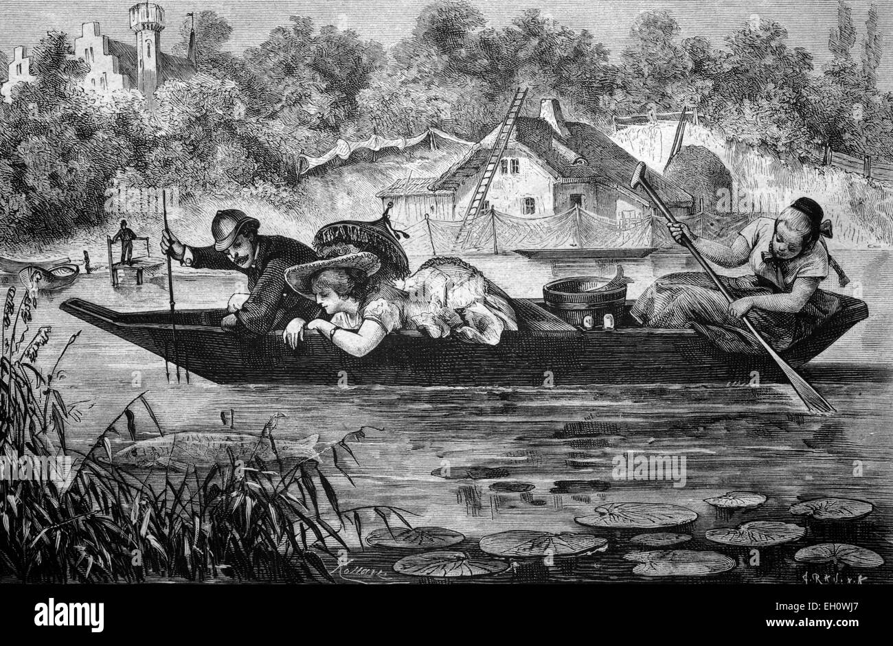 Fishing for pikes on a lake in West Prussia, historical illlustration, about 1886 Stock Photo
