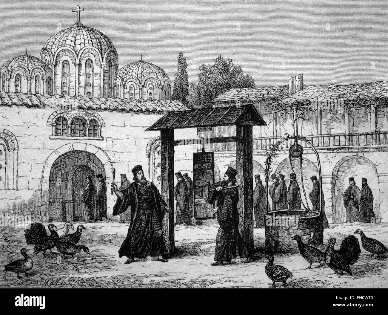 Sound board as a substitute for a bell at the Greek monastery of Stiris, Greece, historical illustration, circa 1886 Stock Photo