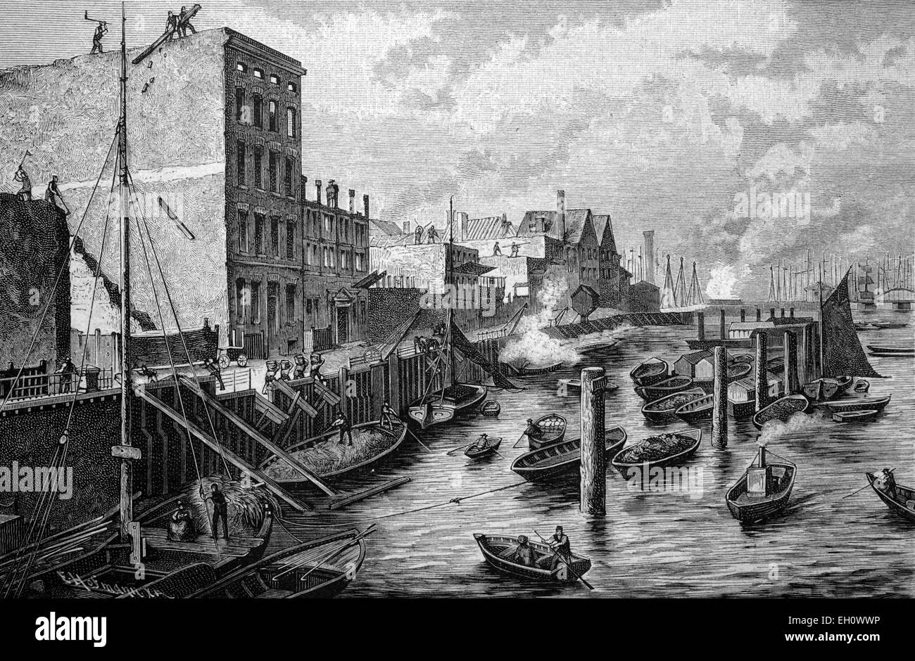 Construction of the free port, Hamburg, Germany, historical illustration, circa 1886 Stock Photo