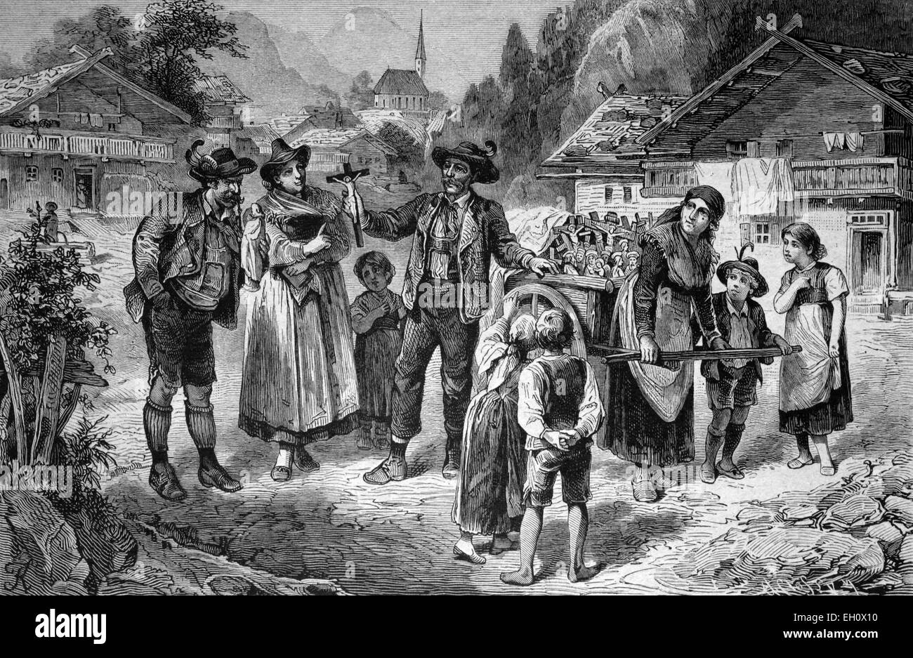 Merchant selling religious items in Tyrol, Austria, historical illustration, circa 1886 Stock Photo