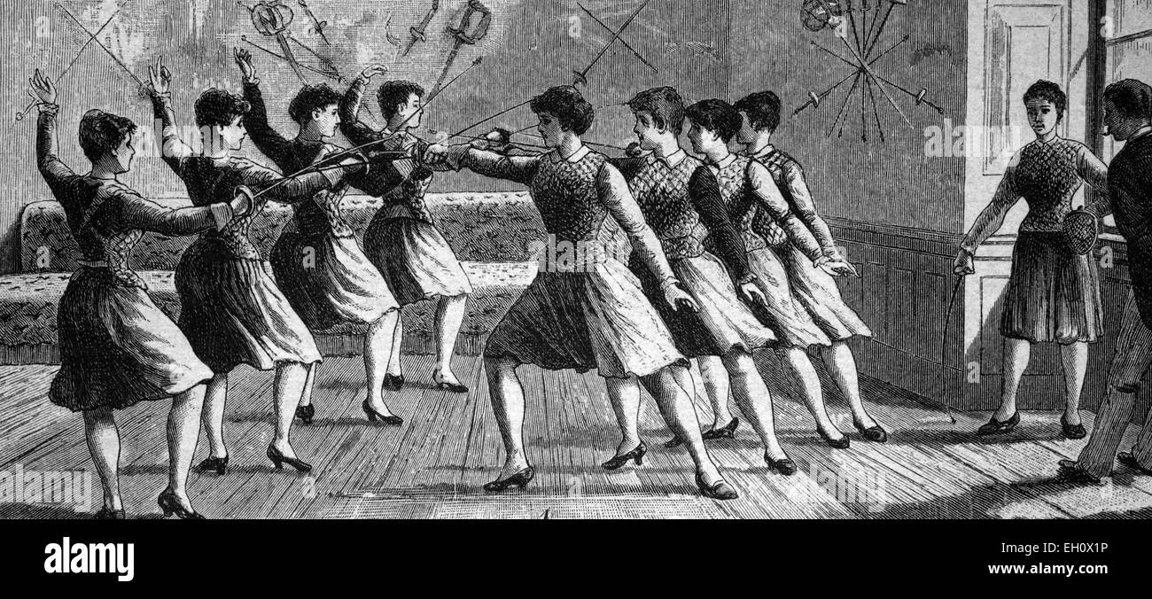 Women's fencing school in Vienna, historical illustration, circa 1886