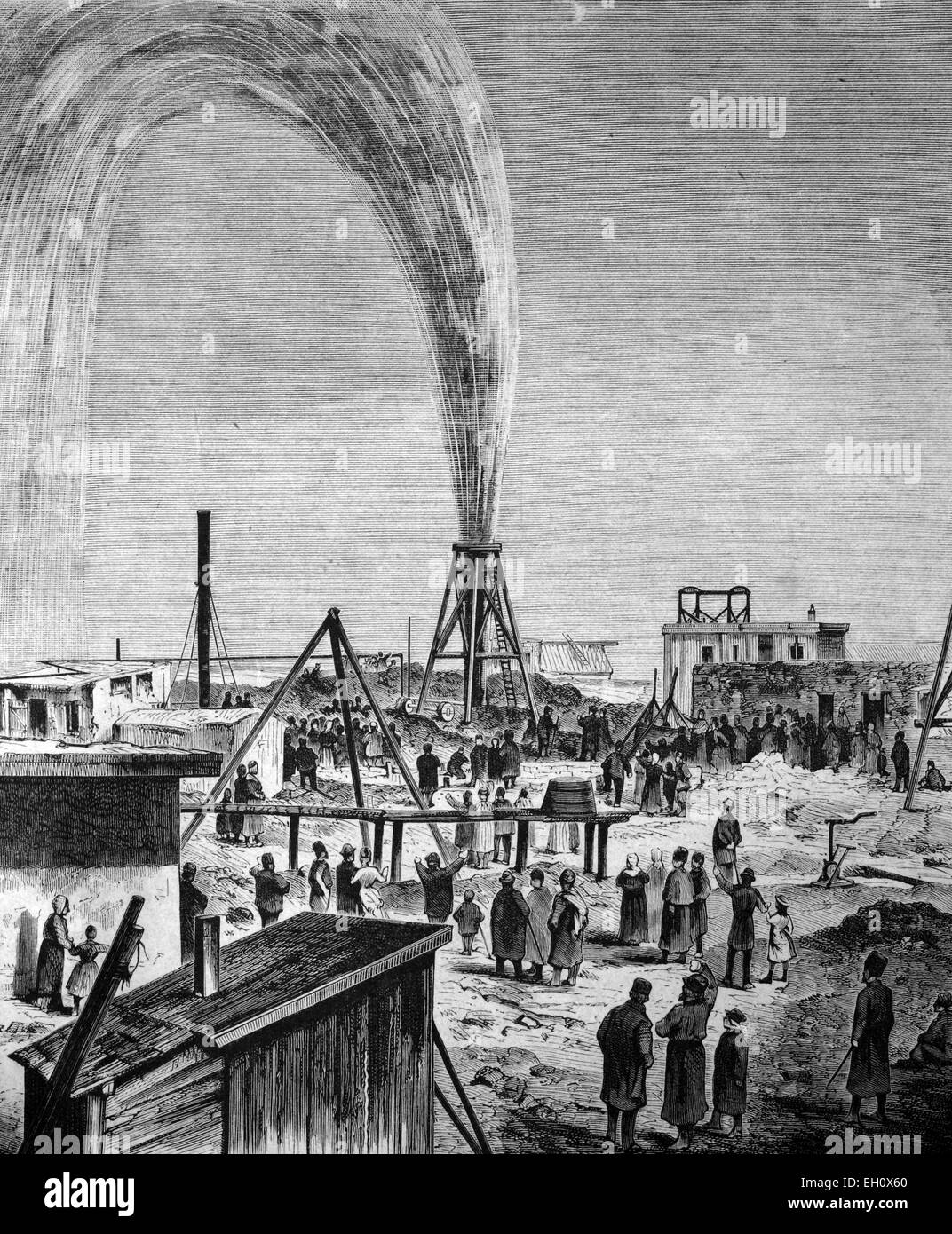 Oil drilling near Baku, Azerbaijan, historical illustration, circa 1886 Stock Photo