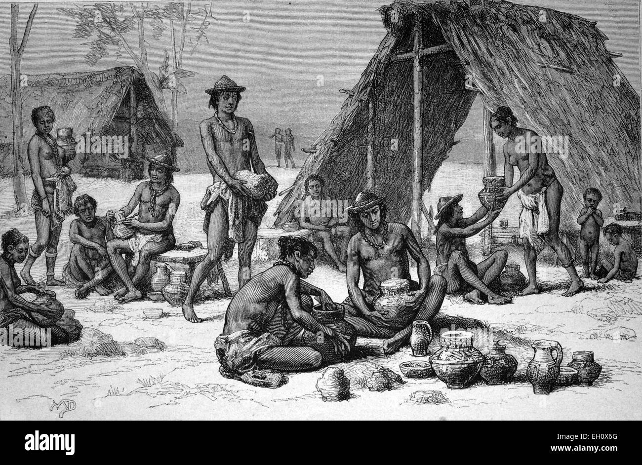 Galibi Indians making pottery, South America, historical illustration, circa 1886 Stock Photo