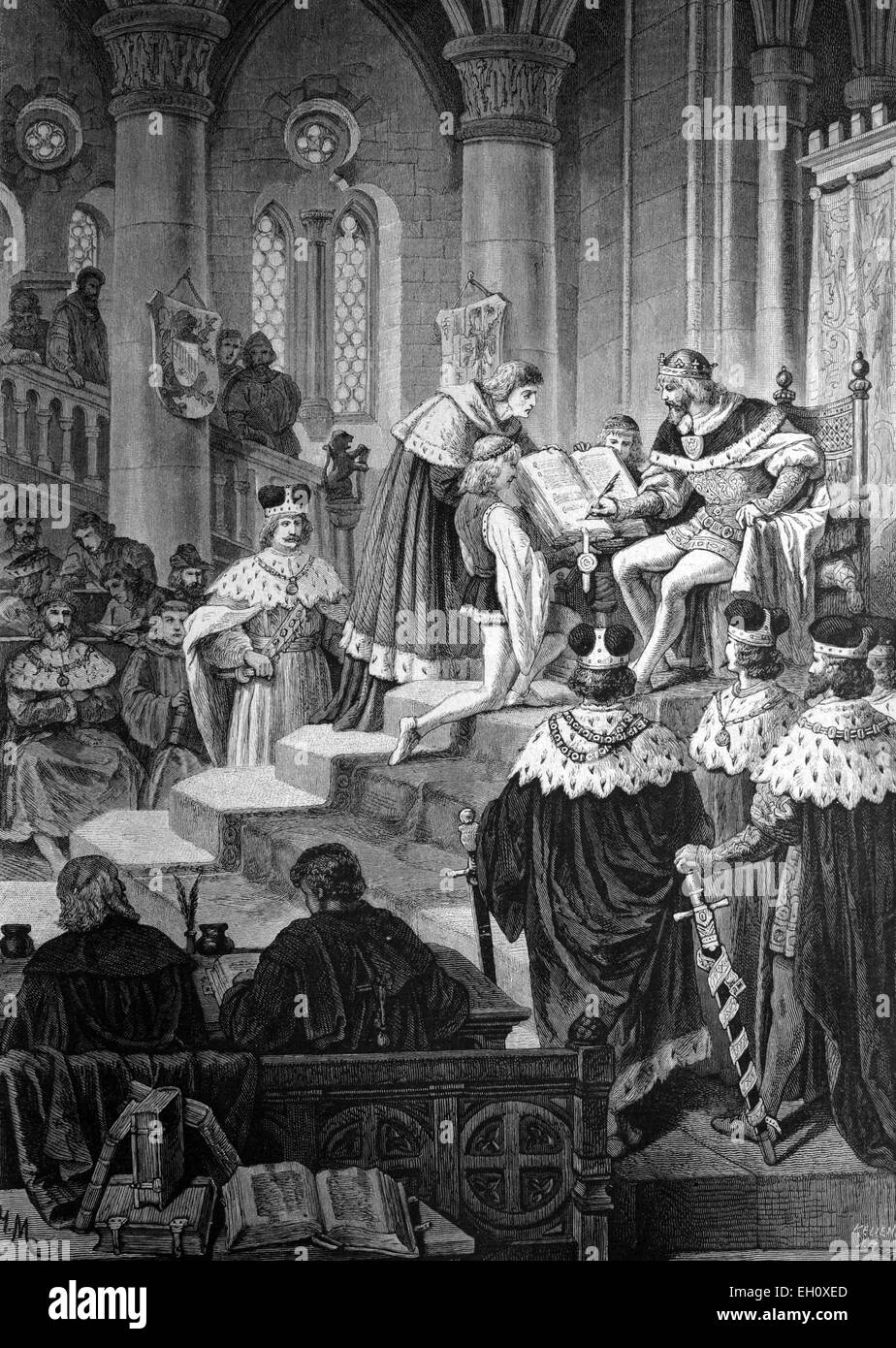 Emperor Charles IV signing at the Diet of Metz, the Golden Bull, 1356, historical illustration, circa 1886 Stock Photo