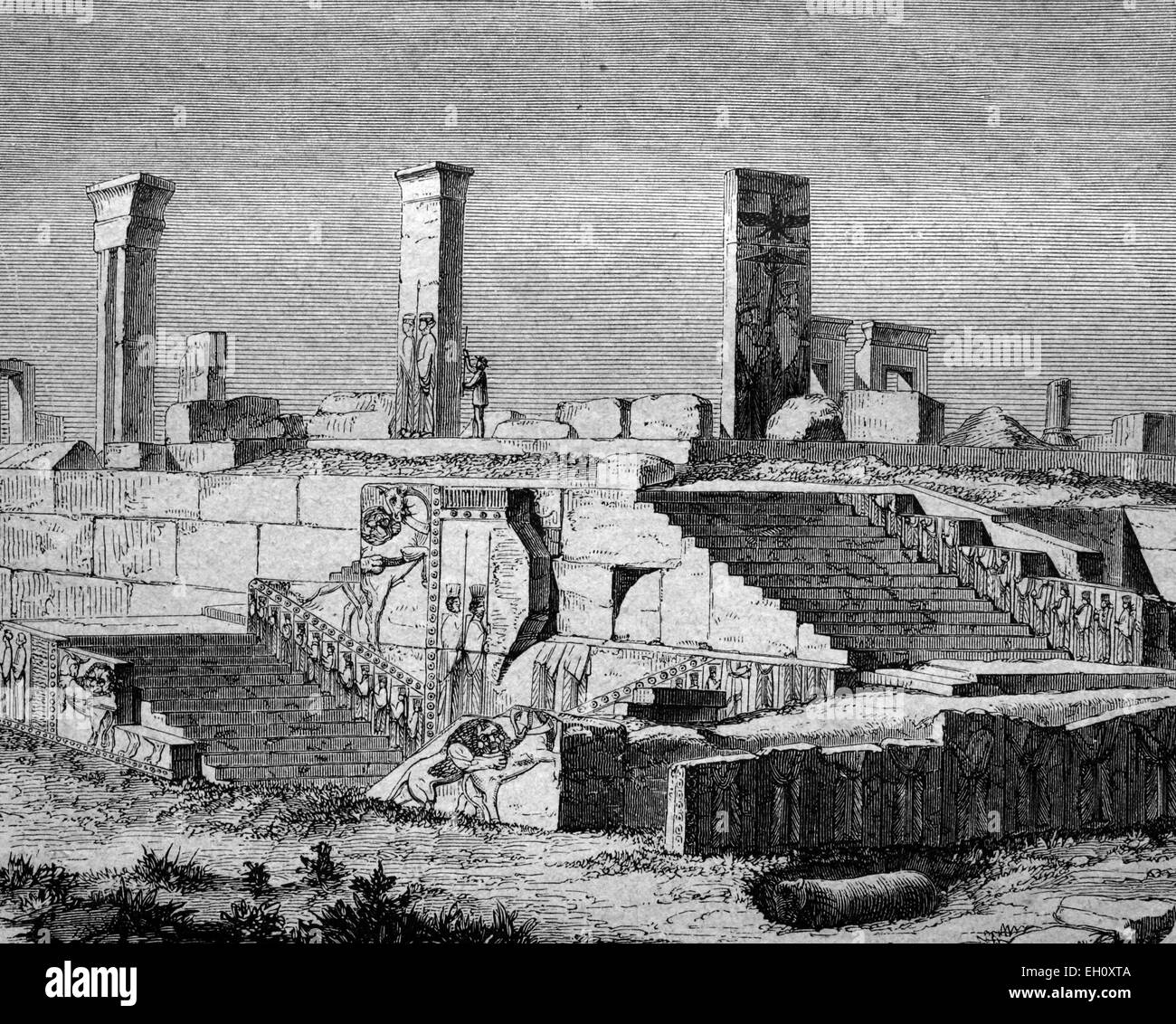 Ruins of the Palace of Xerxes in Persepolis, Iran, historical illustration, circa 1886 Stock Photo