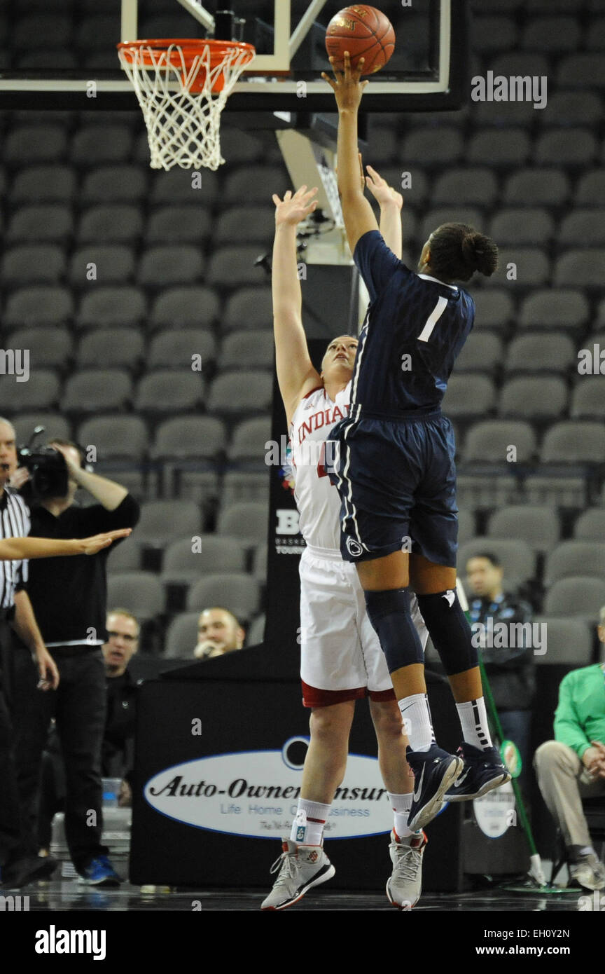 Hoffman Estates, IL, USA. 4th Mar, 2015. Penn State Lady Lions center Candice Agee (1) goes up for a shot in front of Indiana Hoosiers center Jenn Anderson (43) in the first half during the 2015 Big Ten Women's Basketball Tournament game between the Penn State Lady Lions and the Indiana Hoosiers at the Sears Centre in Hoffman Estates, IL. Patrick Gorski/CSM/Alamy Live News Stock Photo