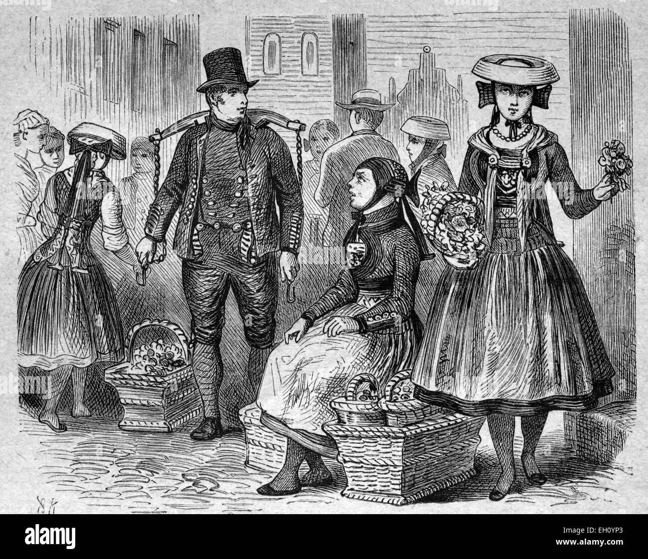 Traditional costumes in the Vierlande area, Hamburg, Germany, historical illustration, circa 1886 Stock Photo