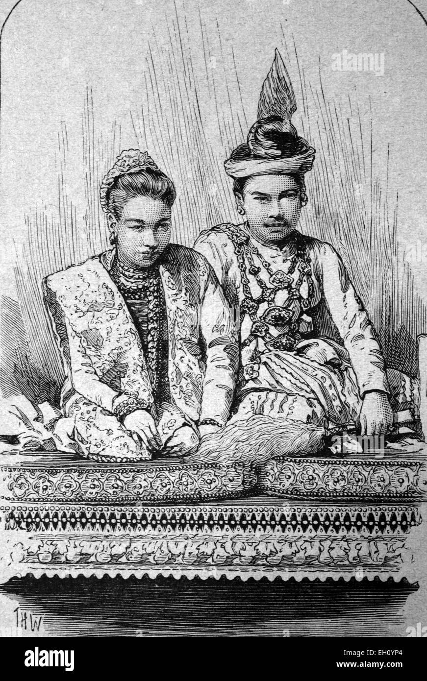 Queen Supayalat and King Thibaw Min, Burma, historical illustration, circa 1886 Stock Photo