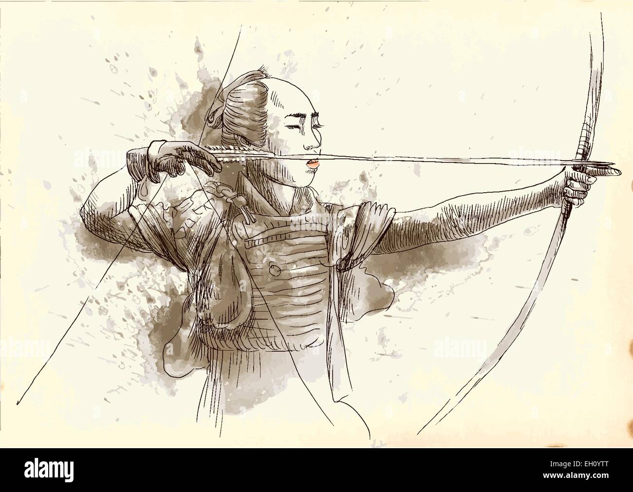 Kyudo is the Japanese martial art of archery. An hand drawn vector in