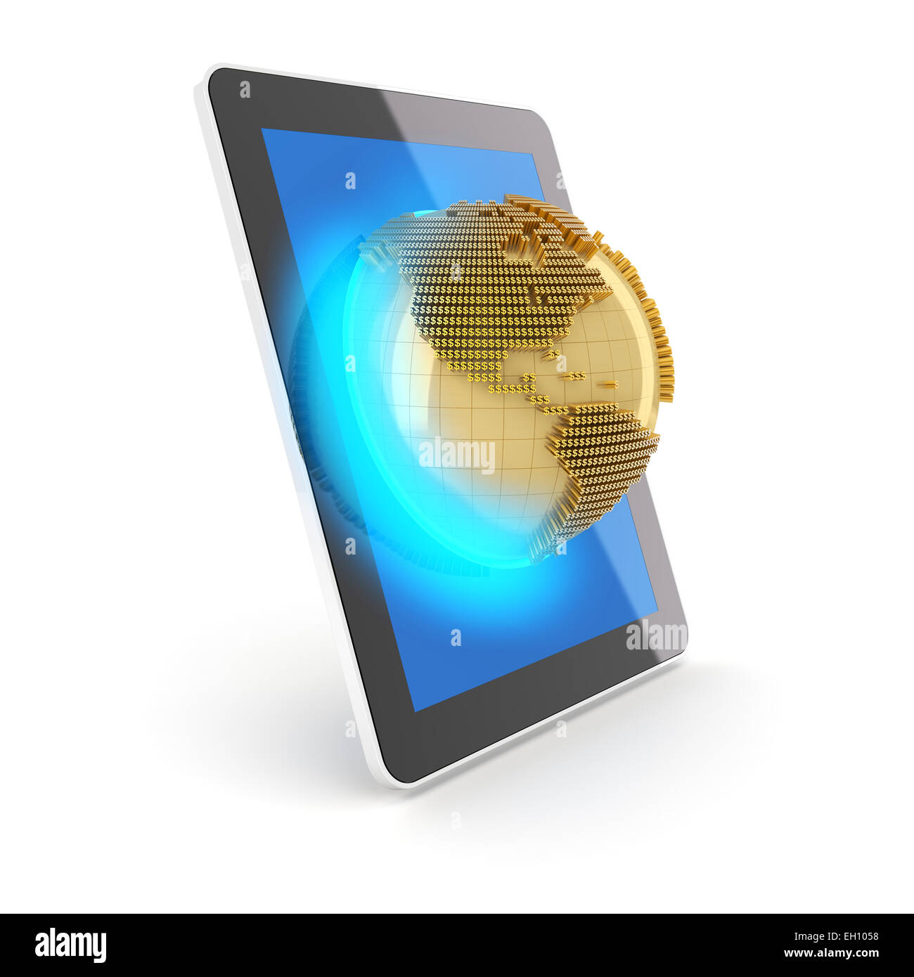 Money globe emerging from a digital tablet, 3d render Stock Photo