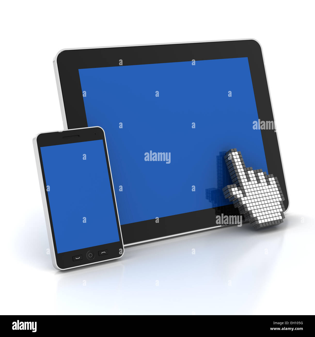 Hand cursor clicking a digital tablet and smartphone with copyspace, 3d render Stock Photo