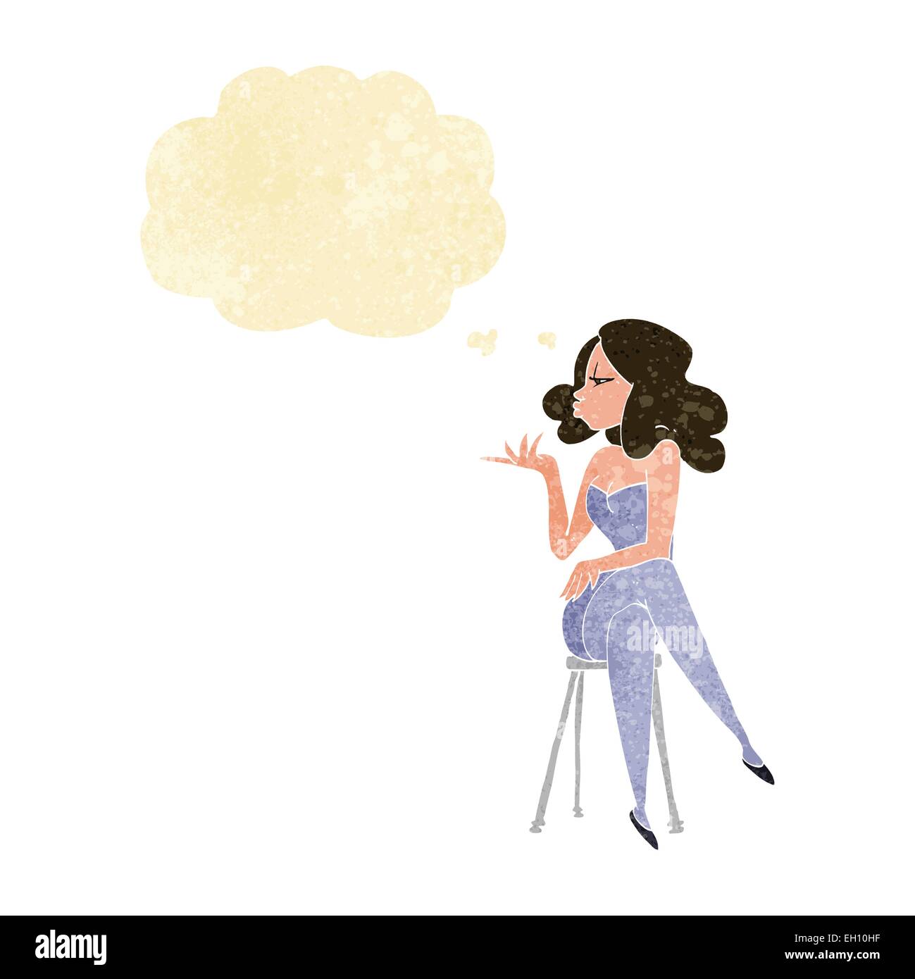cartoon woman sitting on bar stool with thought bubble Stock Vector