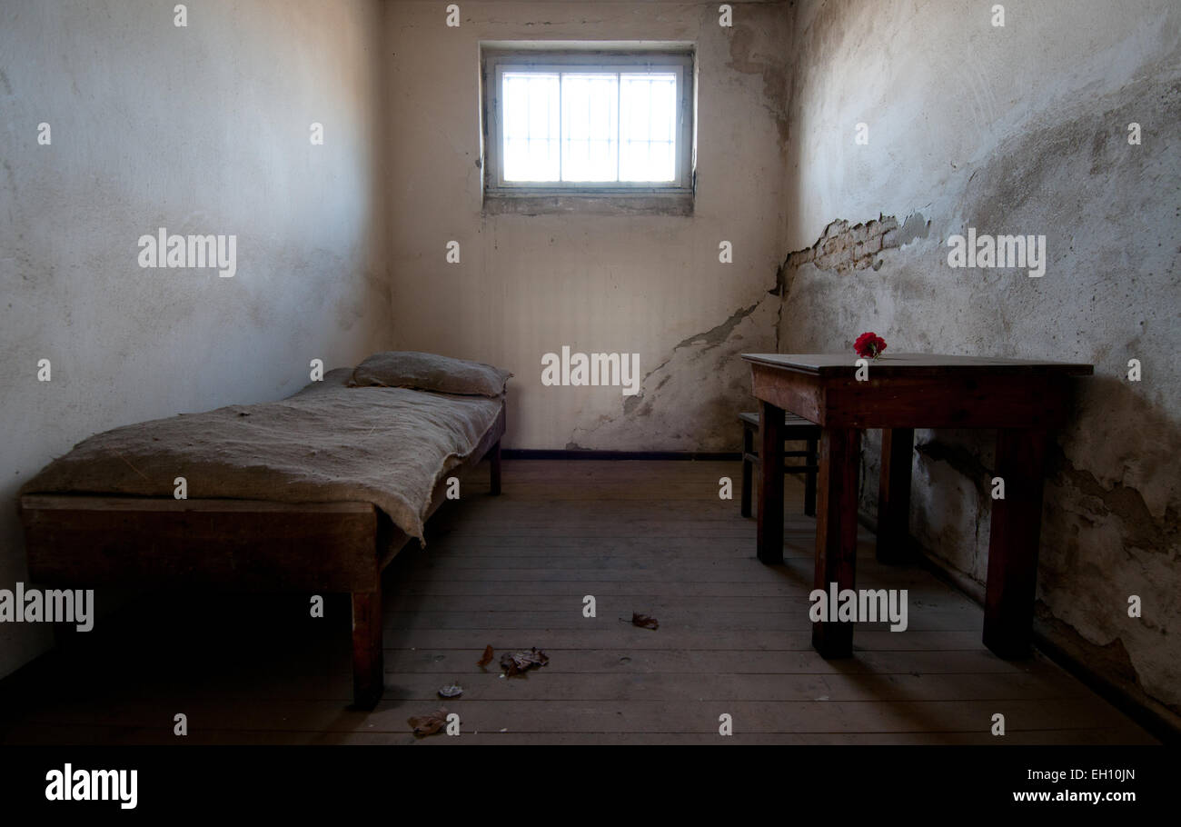 Former cell in prison of Sachsenhausen concentration camp memorial site, Oranienburg, Germany Stock Photo