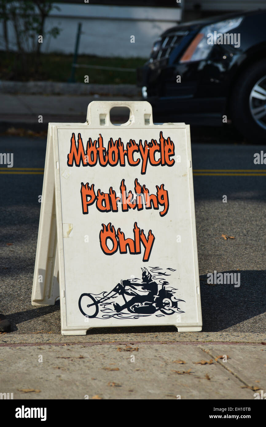 Sign for motorcycle parking only at the Liberty Harley Davidson authorized dealer in Rahway, New Jersey. USA Stock Photo