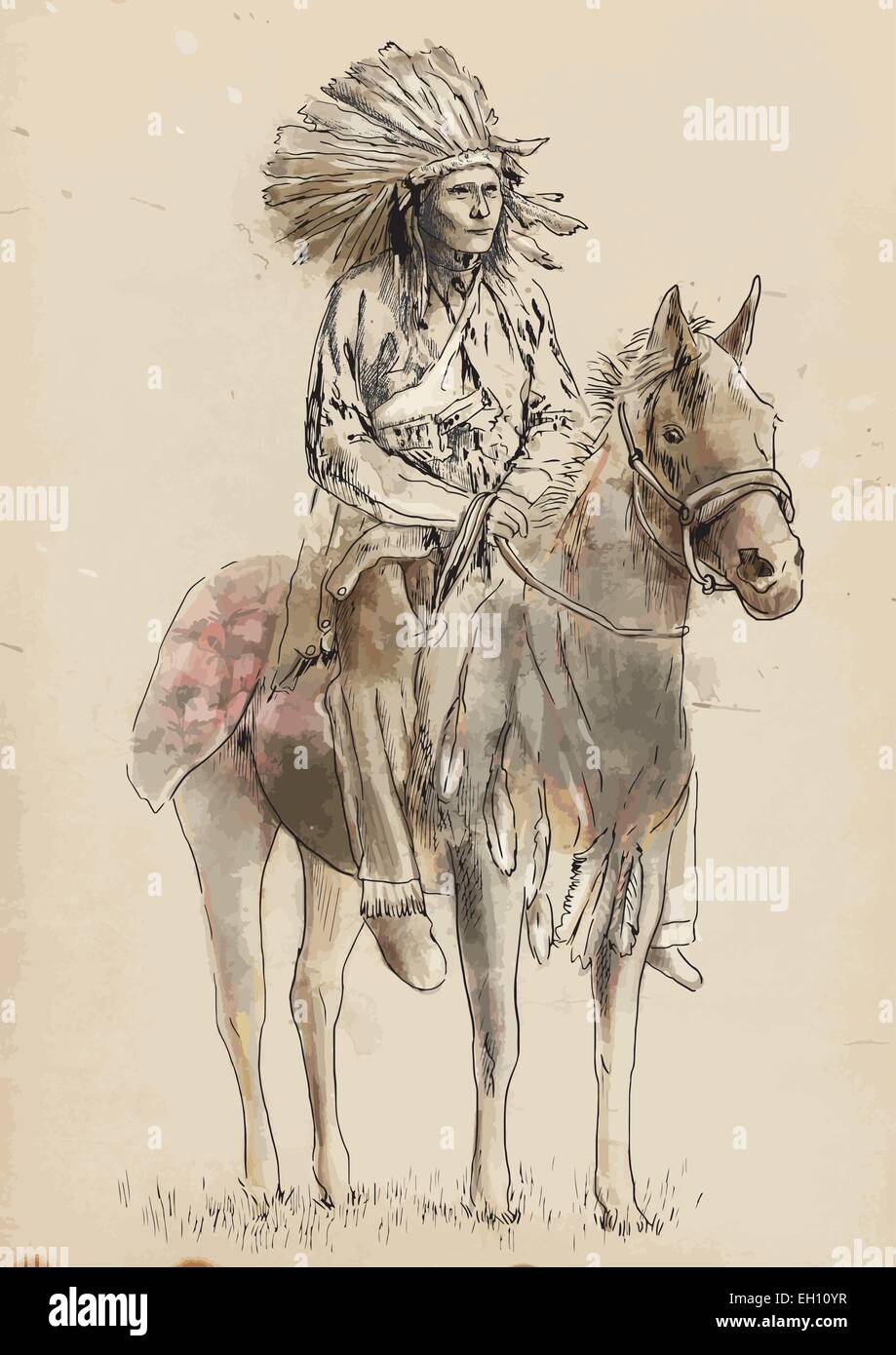 An hand drawn vector illustration. Indian chief sitting on a horse. Stock Vector