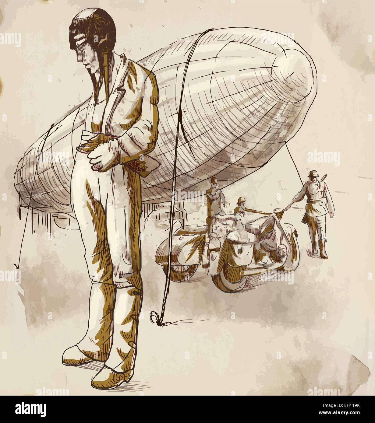 An hand drawn vector illustration. Vintage picture from the series: World between 1905-1949: Airship Pilot - waits before his ma Stock Vector