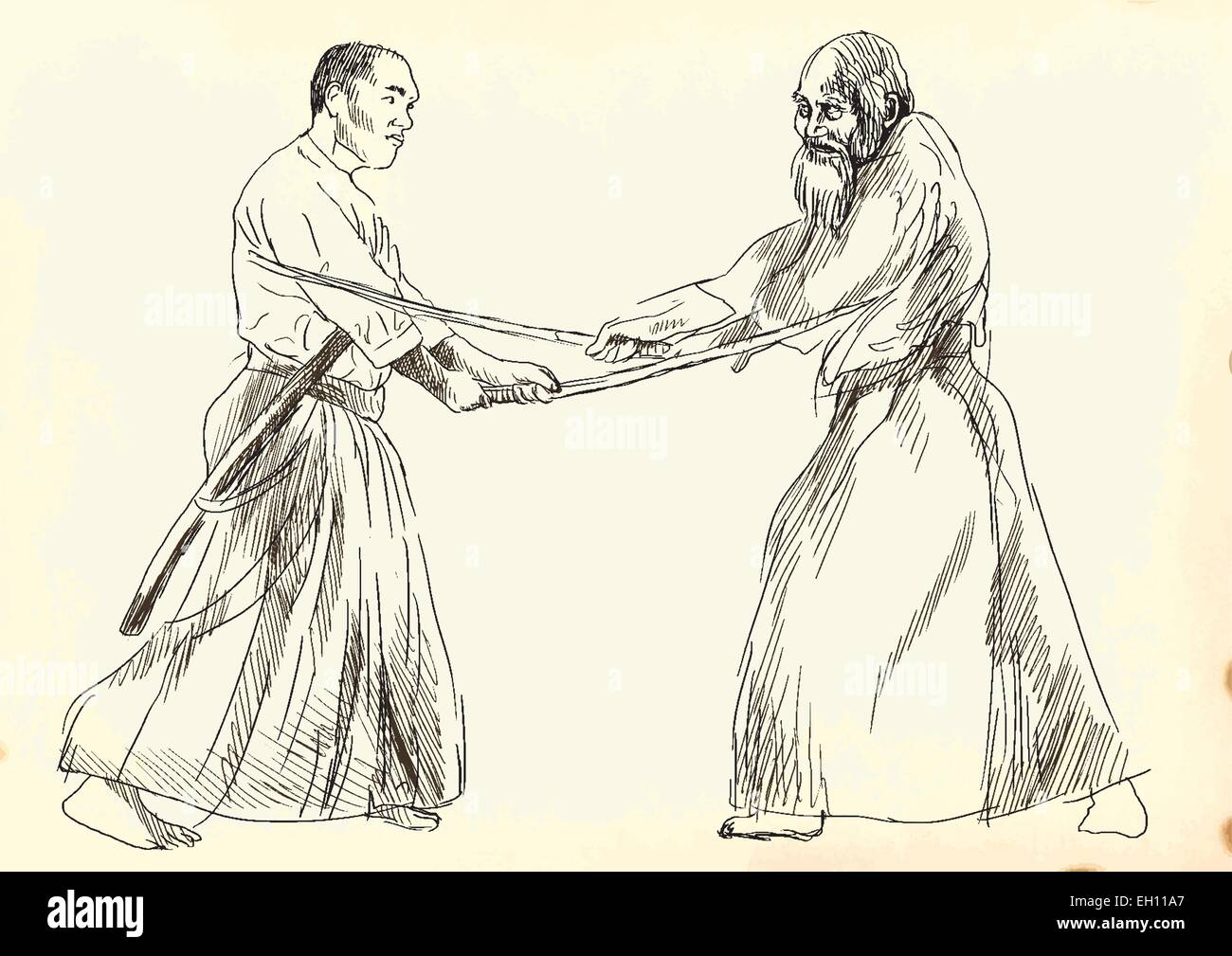 Aikido is a Japanese martial art. An hand drawn vector illustration