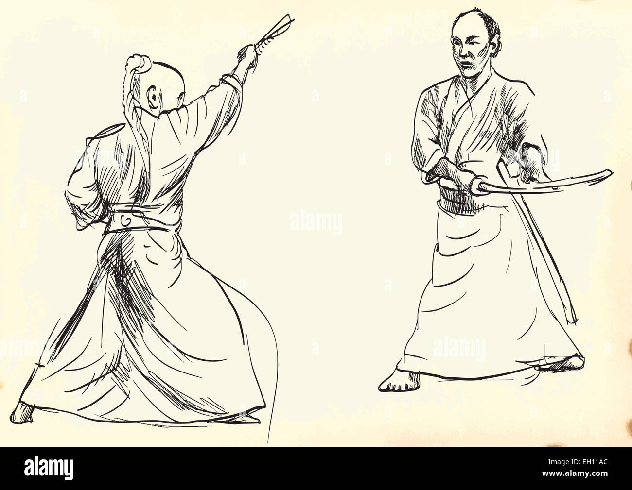 Aikido is a Japanese martial art. An hand drawn vector illustration