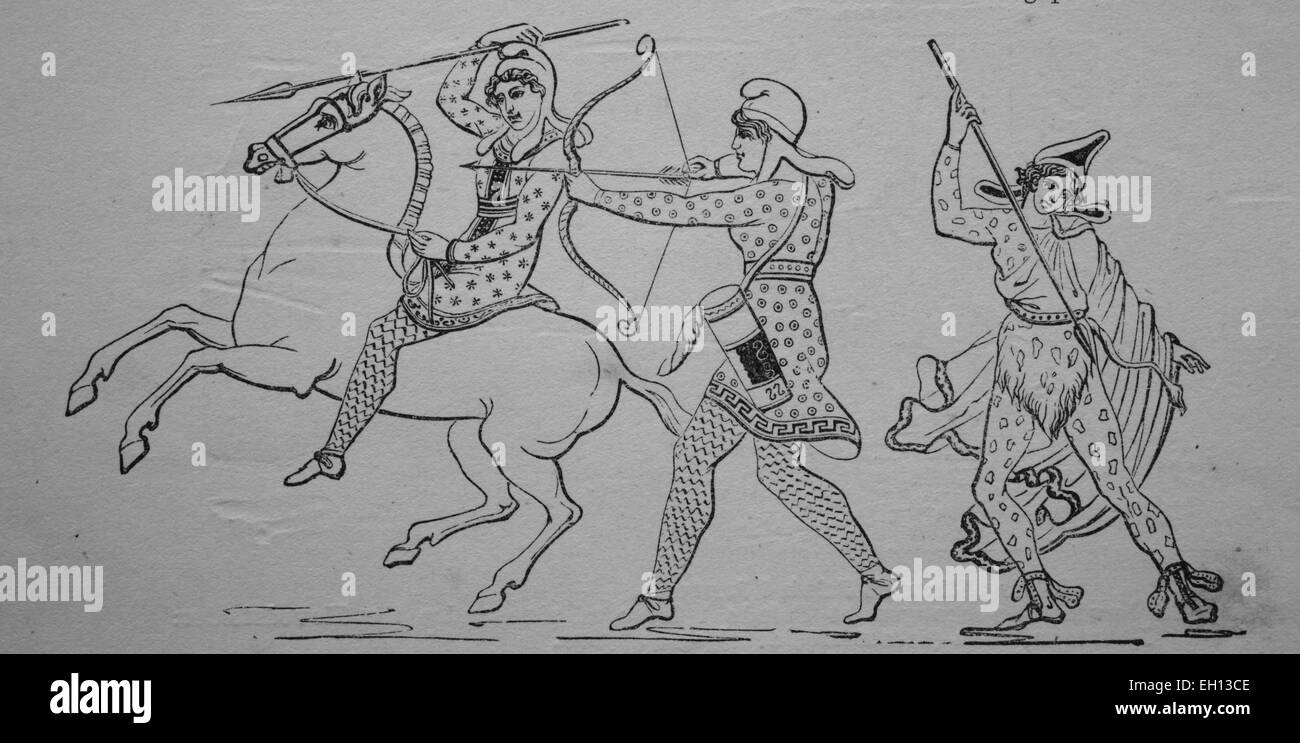 Amazons, a mythical nation of all-female warriors supposedly originated in Anatolia, woodcut from 1880 Stock Photo