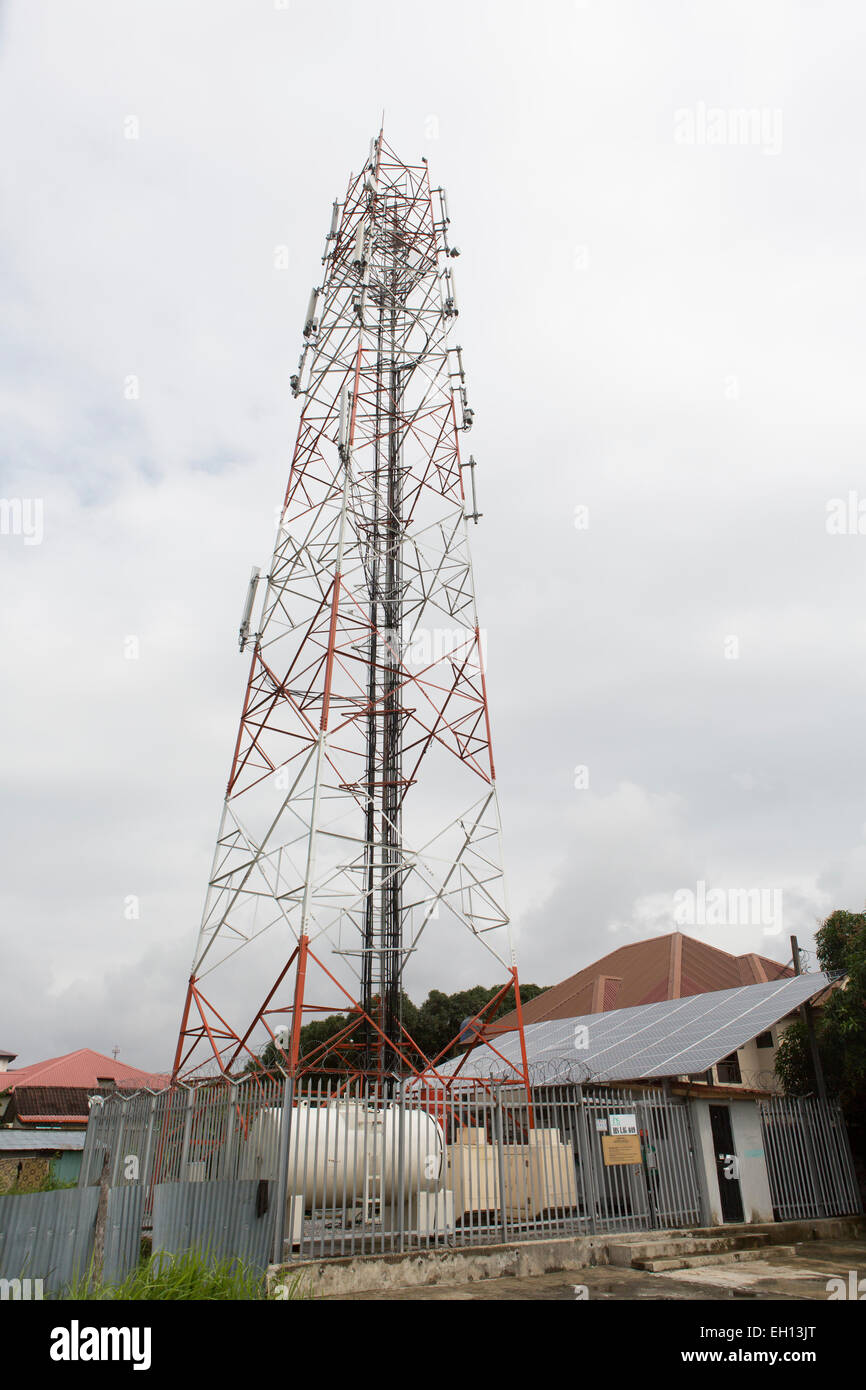 Lagos, Nigeria; mobile telephone mast carrying microwave transmitters and receivers. Stock Photo