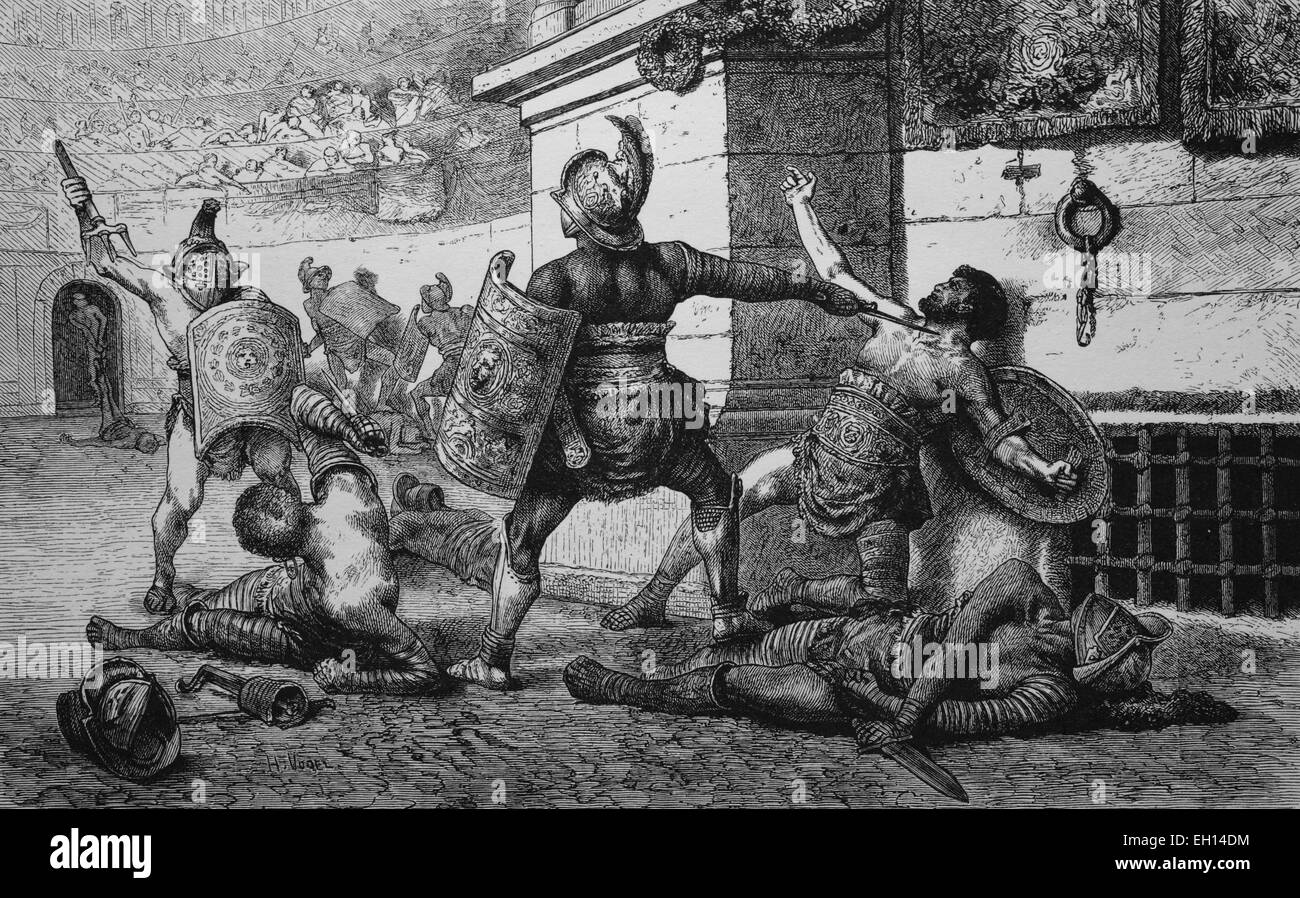 Gladiator fight in Ancient Rome, Italy, woodcut from 1880 Stock Photo