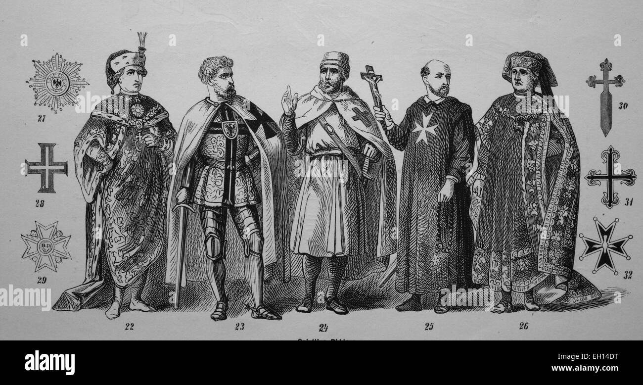 Spiritual knights, orders of monks: Stephen's Order, Teutonic Knights, Templars, Knights of St. John, Knights of the Golden Shield, woodcut from 1880 Stock Photo