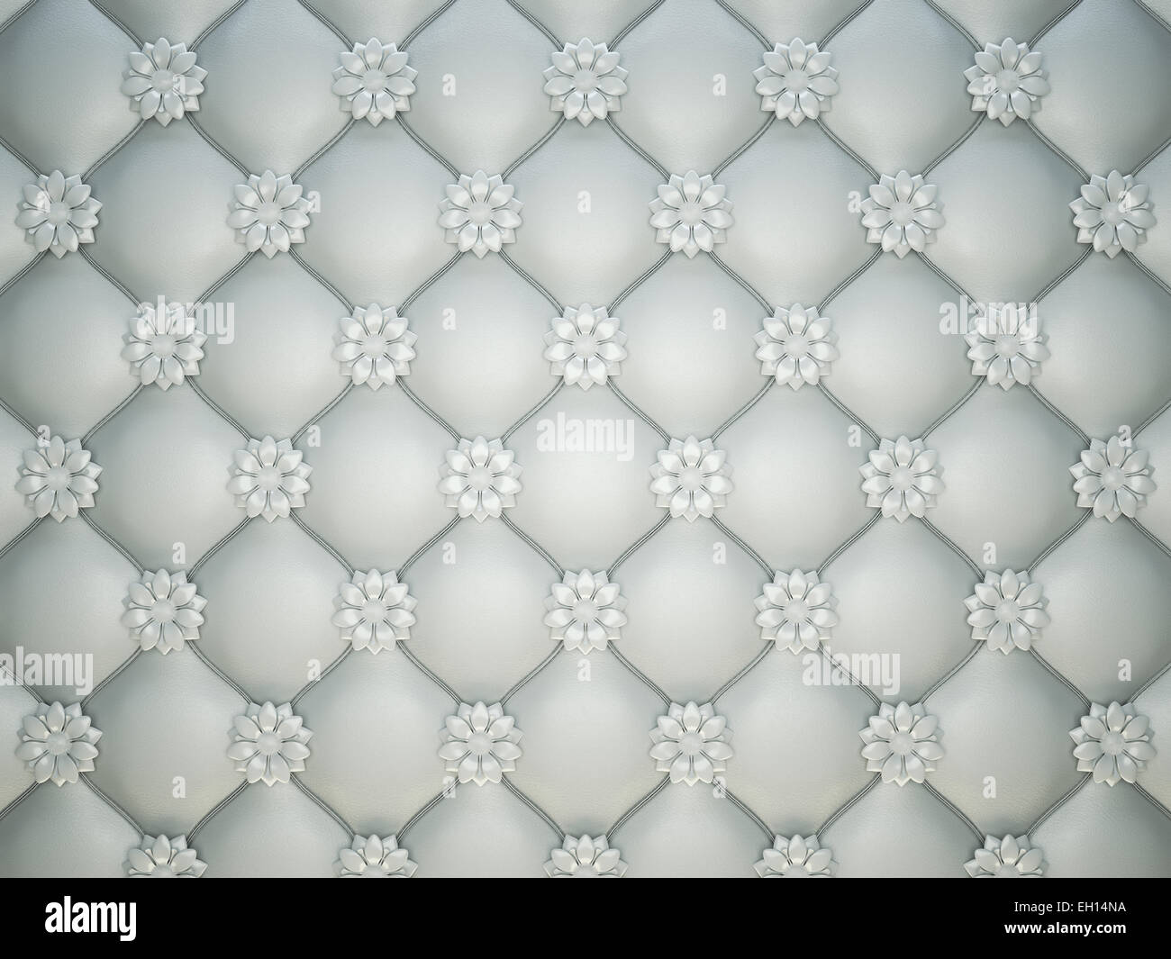 white stitched leather pattern with flower buttons and bumps. Luxury background Stock Photo