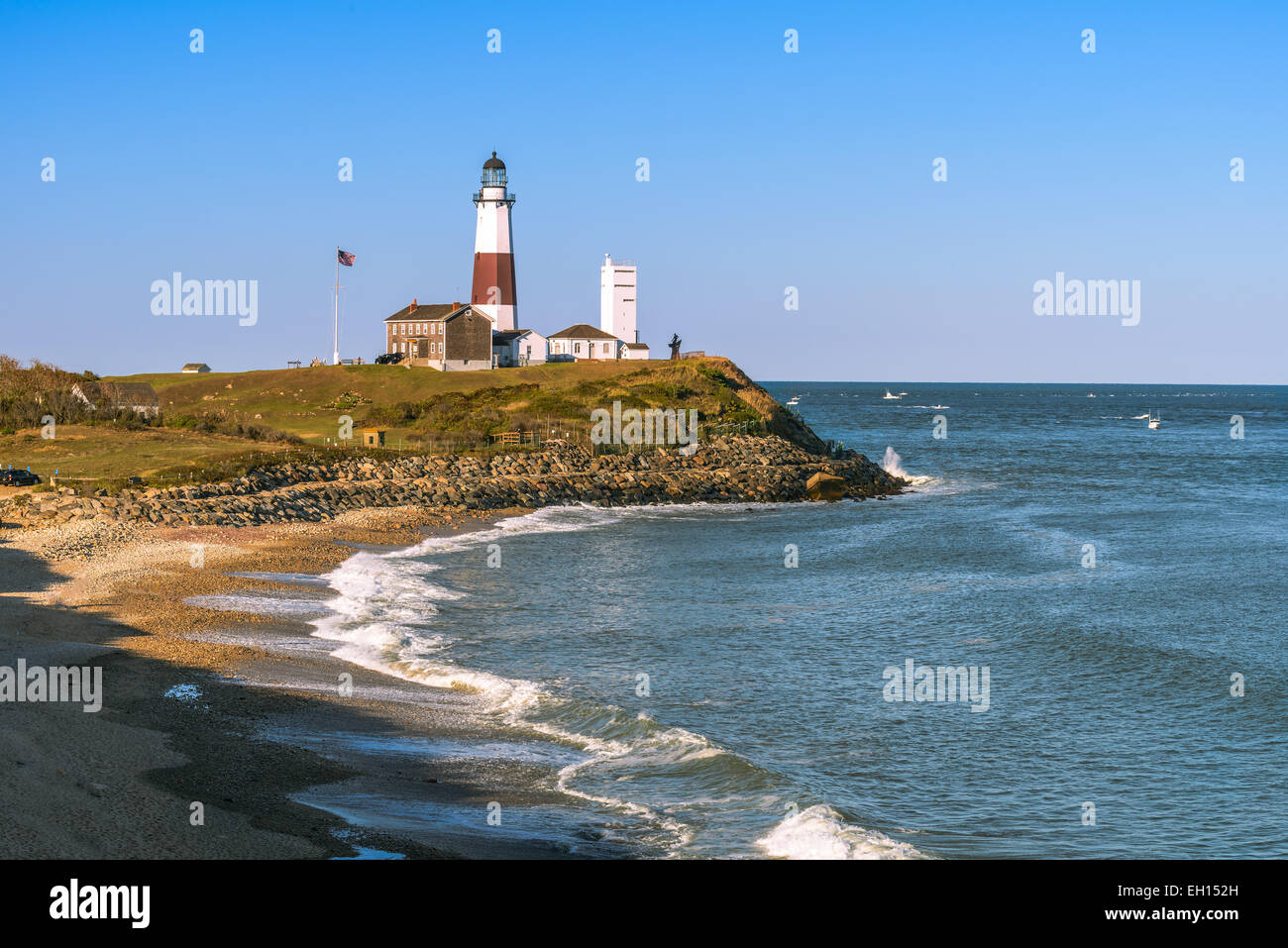 Montauk Point Lighthouse and beach from the cliffs of Camp Hero. Long