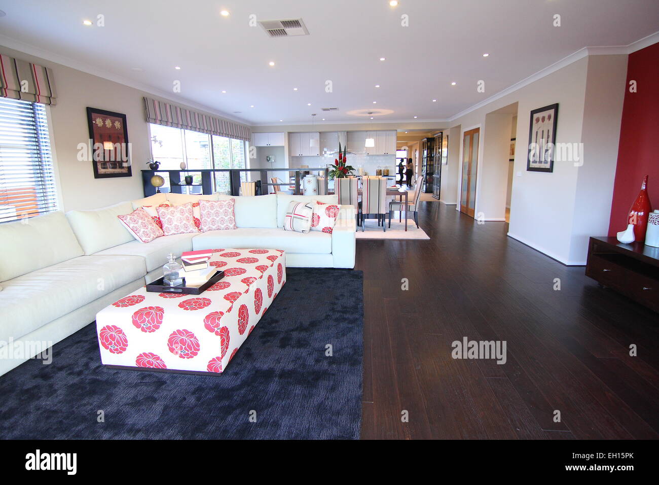 Living room with dark wooden flooring Stock Photo
