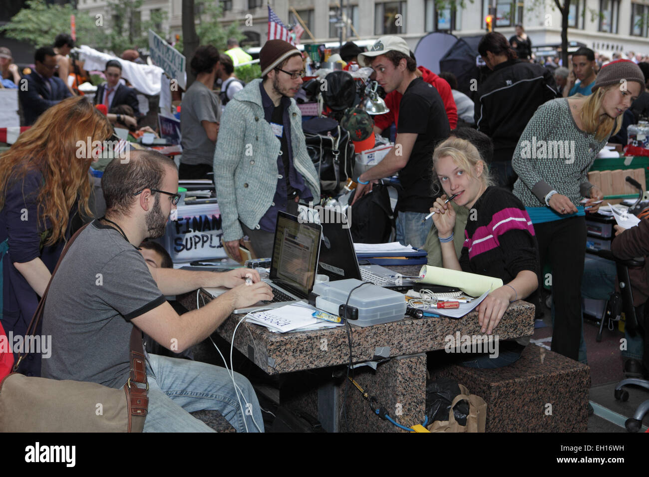 Media desk in action at the Occupy Wall Street protest in Zuccotti Park, New York Stock Photo