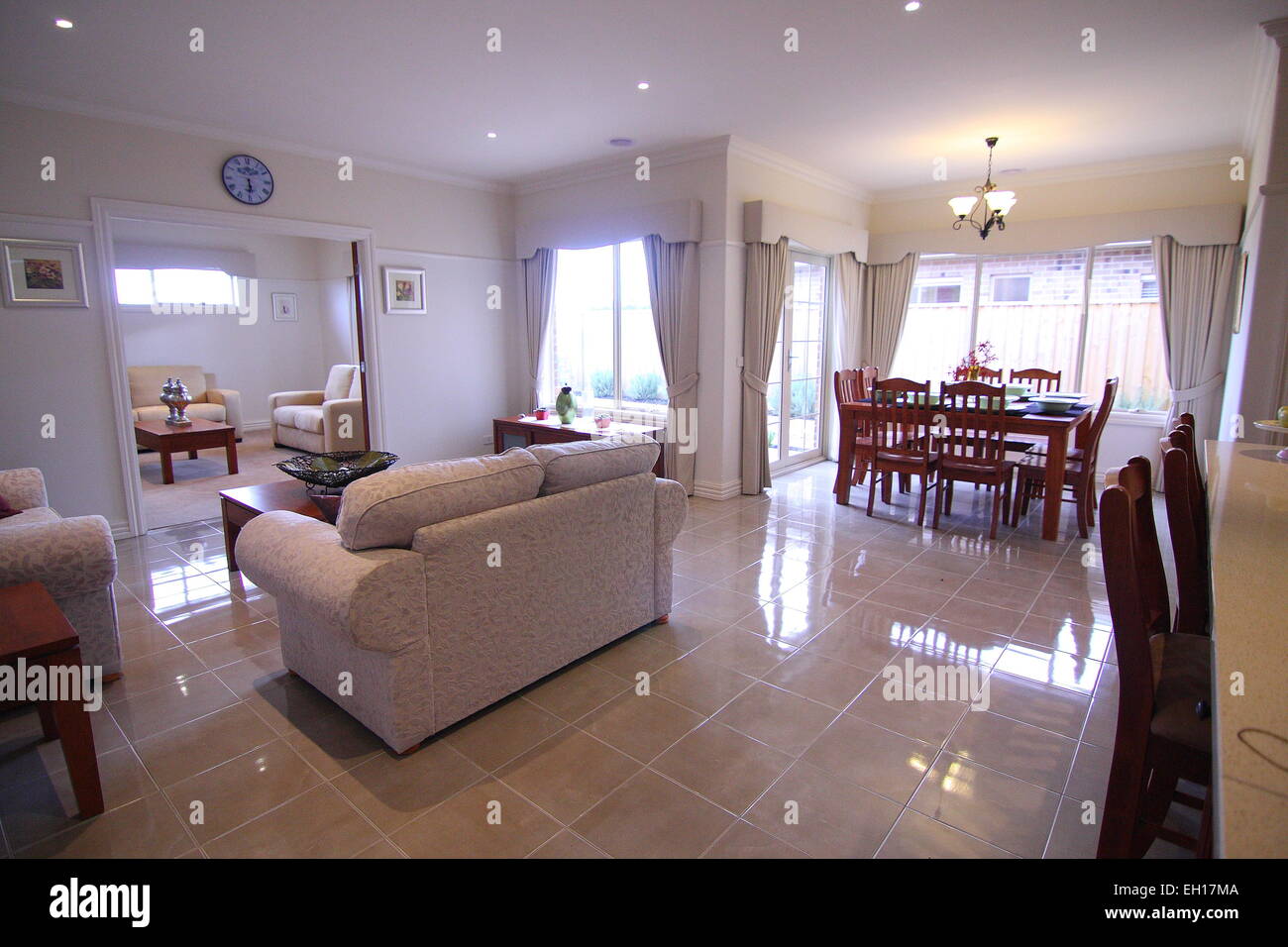 Modern living room with tiled flooring Stock Photo