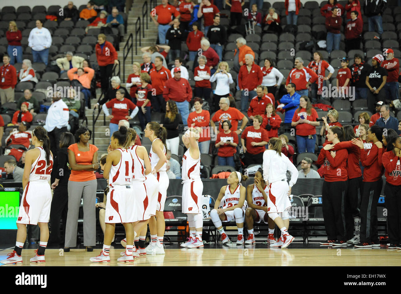 March 4, 2015: Wisconsin Badgers and fans wait for the play to be reviewed in the second half during the 2015 Big Ten Women's Basketball Tournament game between the Purdue Boilermakers and the Wisconsin Badgers at the Sears Centre in Hoffman Estates, IL. Purdue won 58-56. Patrick Gorski/CSM Stock Photo