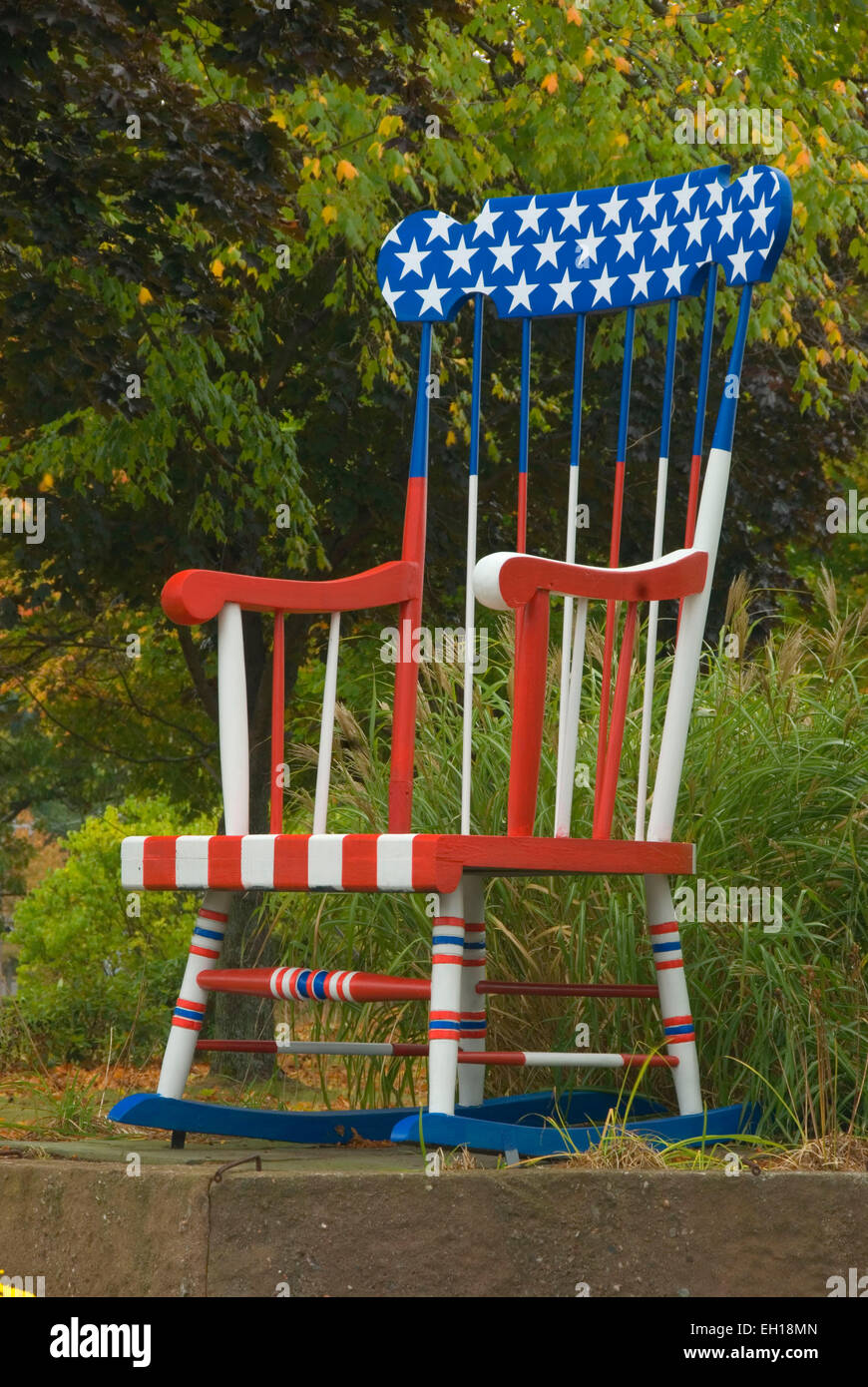 Rocking chair at entrance, Old Avon Village, Avon, Connecticut Stock