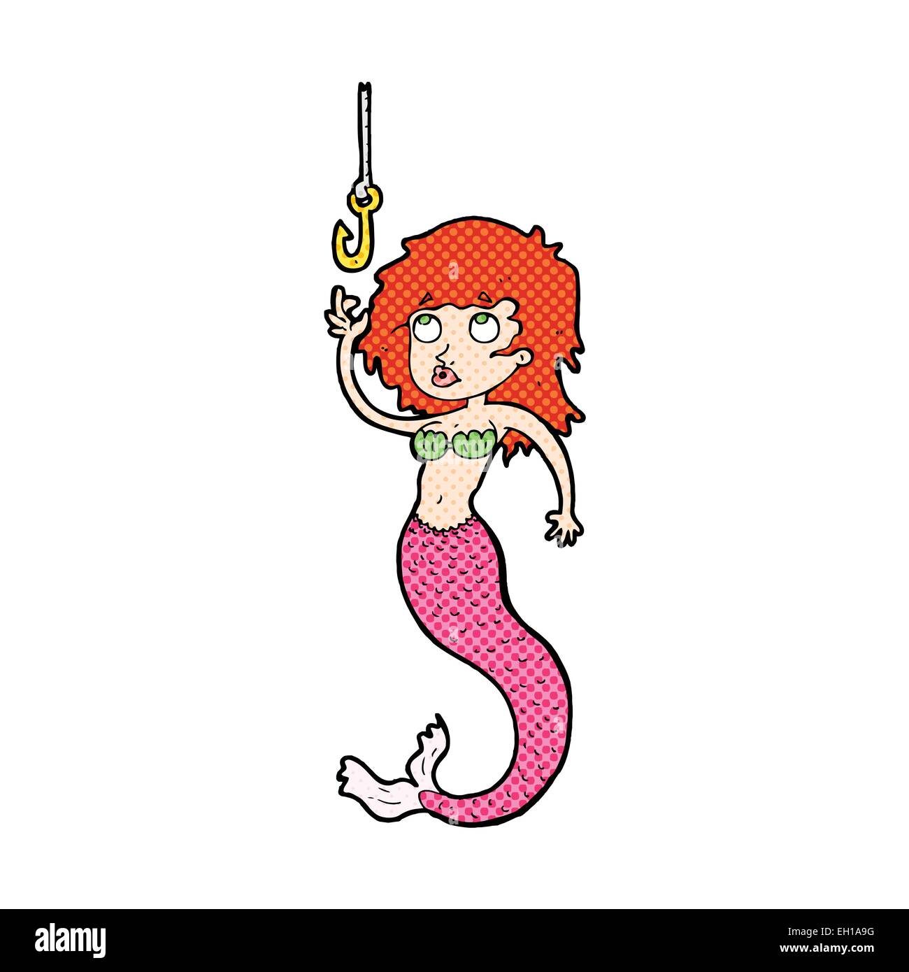 retro comic book style cartoon mermaid and fish hook Stock Vector