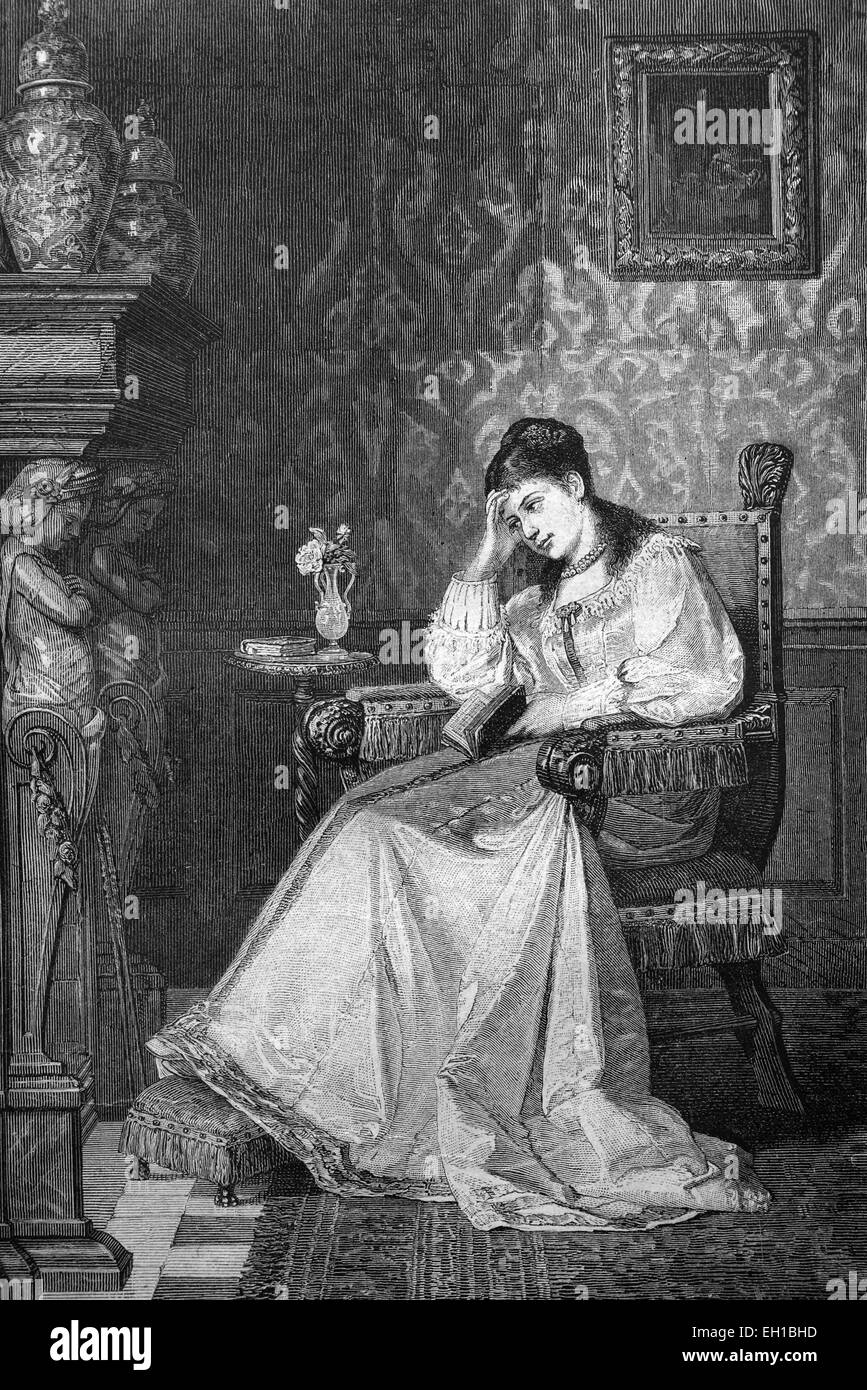 Dreamy woman with book, historical illustration, 1877 Stock Photo