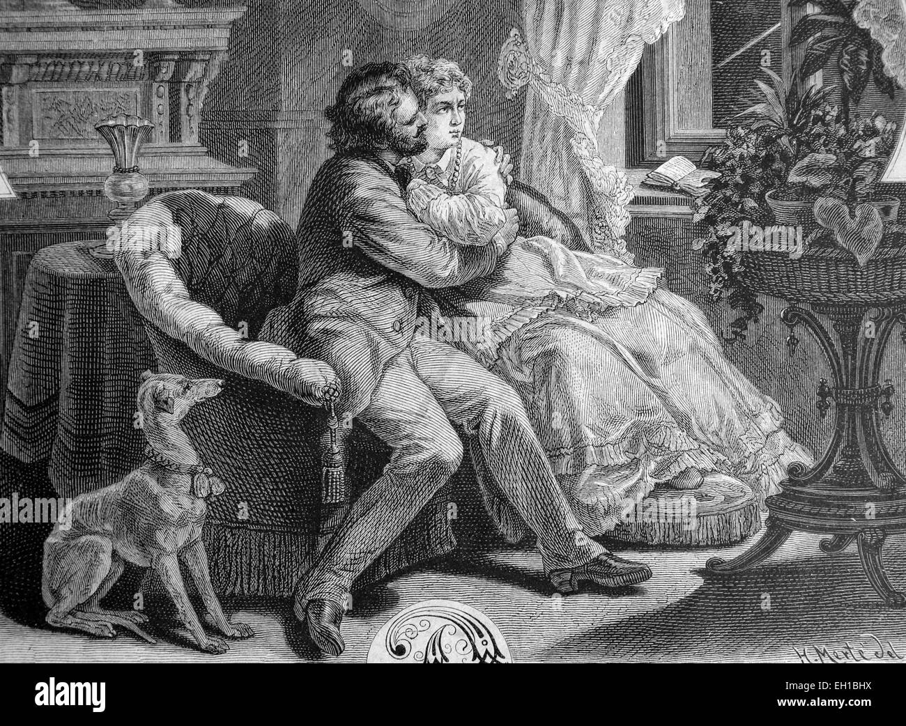 Lovers, historic illustration, 1877 Stock Photo