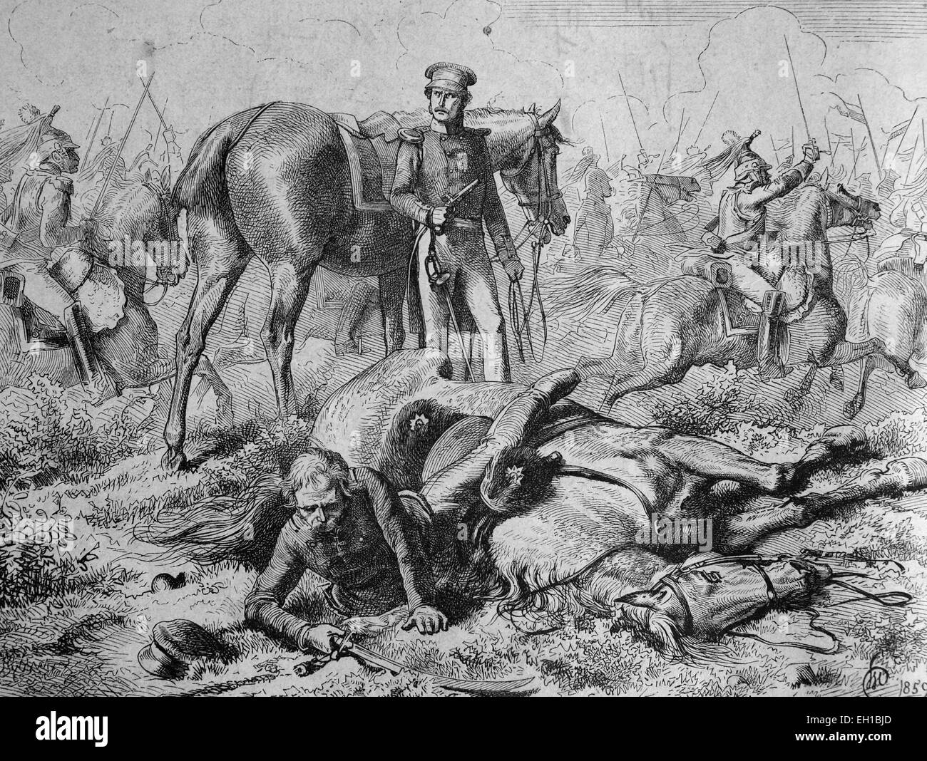Gebhard Leberecht von Bluecher's fall at the battle of Ligny, 1815, historic illustration, 1877 Stock Photo