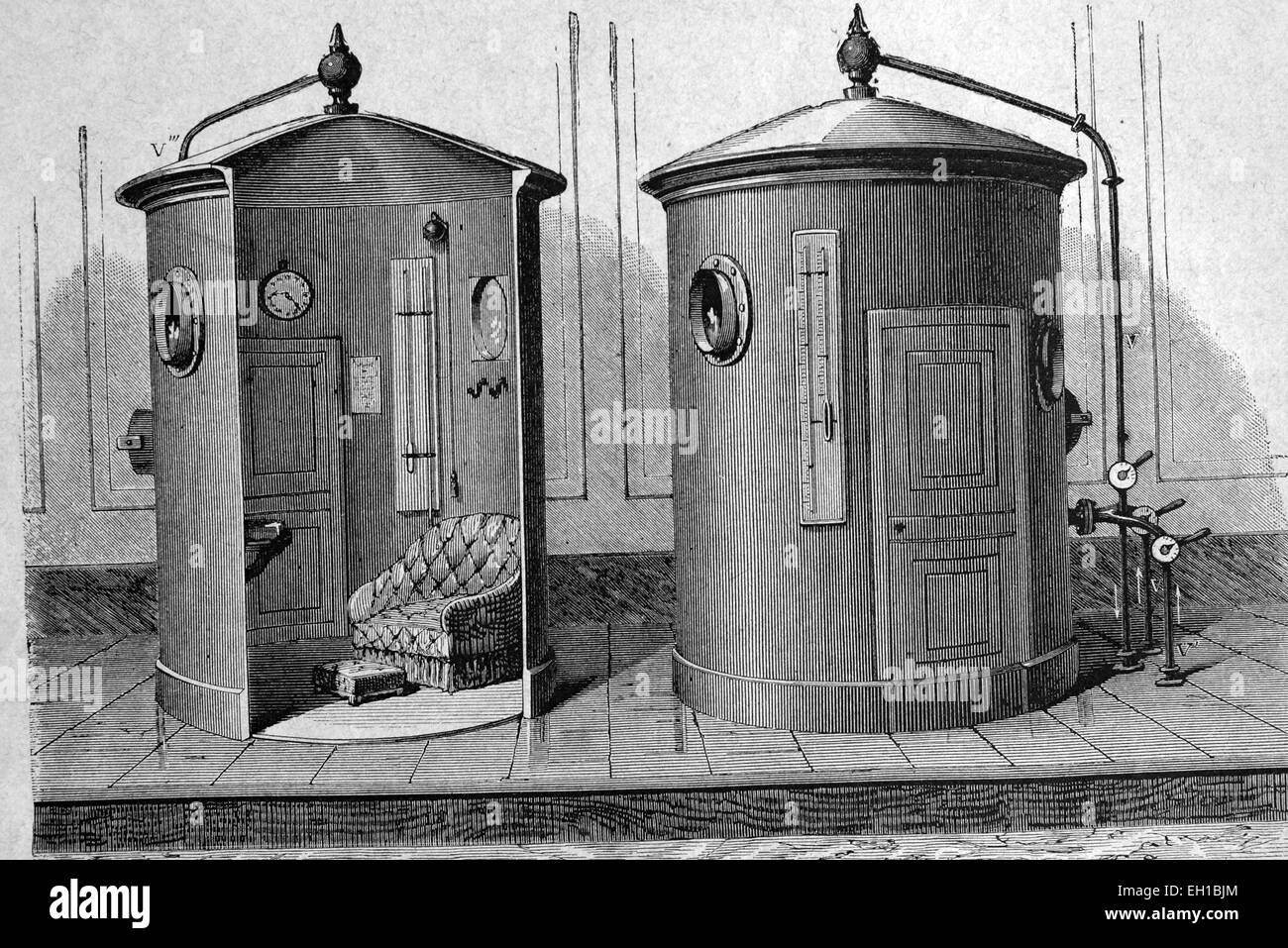 Apparatus for the inhalation of compressed air, historical illustration, 1877 Stock Photo