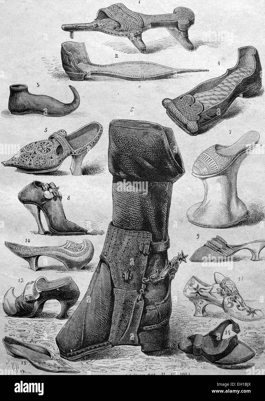 Shoe fashion from the Middle Ages, 1 crutch shoe, 2 - pointed peak shoe or poulaine, 3 - peak shoe or poulaine, 4 - flat shoe, 5 - wooden shoe, early 17th century, 6 - riding boots, 7 - Kuehfuss, 8 - high heels, 9 - slippers from the time of the French Revolution, 10 - wooden patten, 11 - Venetian leather shoe 12 - wooden shoe with a leather welding-13 - Atlas shoe of a courtier 14 - simple wooden shoe, historical illustration, 1877 Stock Photo