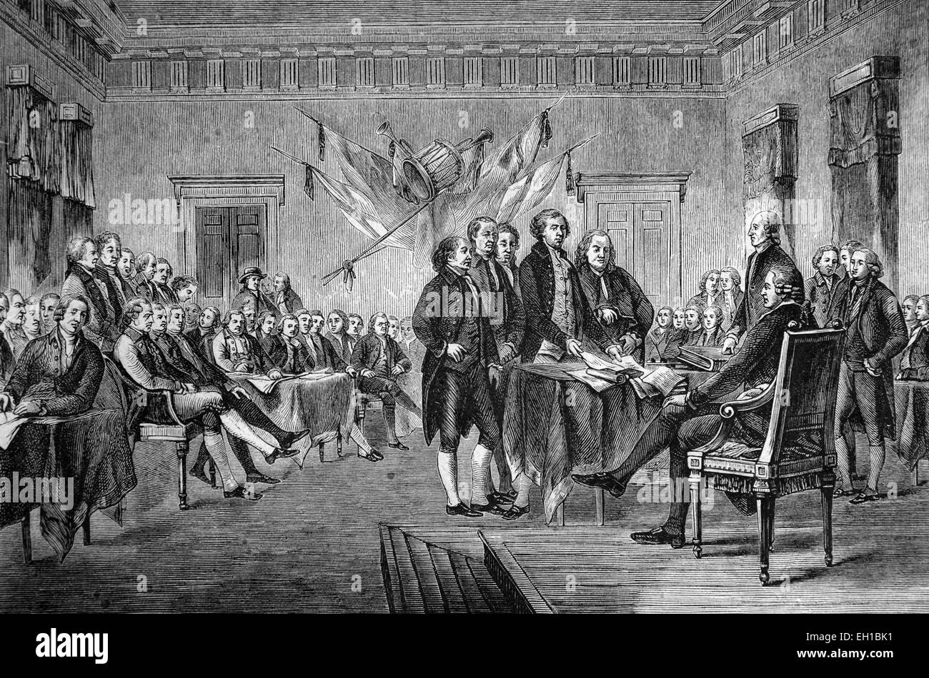 Signing of the Declaration of Independence of the United States of North America in 1776, the U.S., historical illustration, 1877 Stock Photo