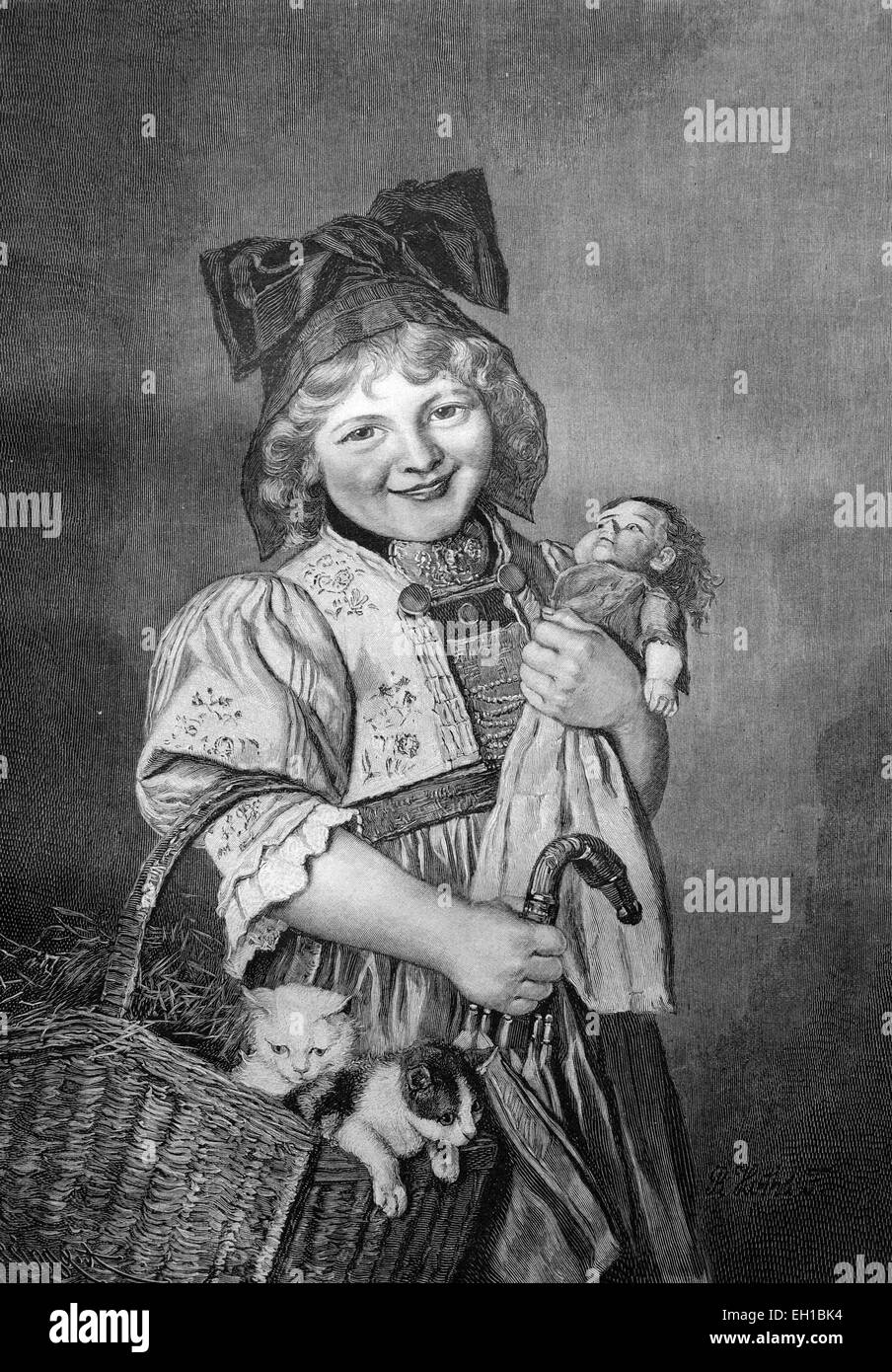 Child ready for a trip, with umbrella, puppet and basket with cats, historical illustration circa 1893 Stock Photo
