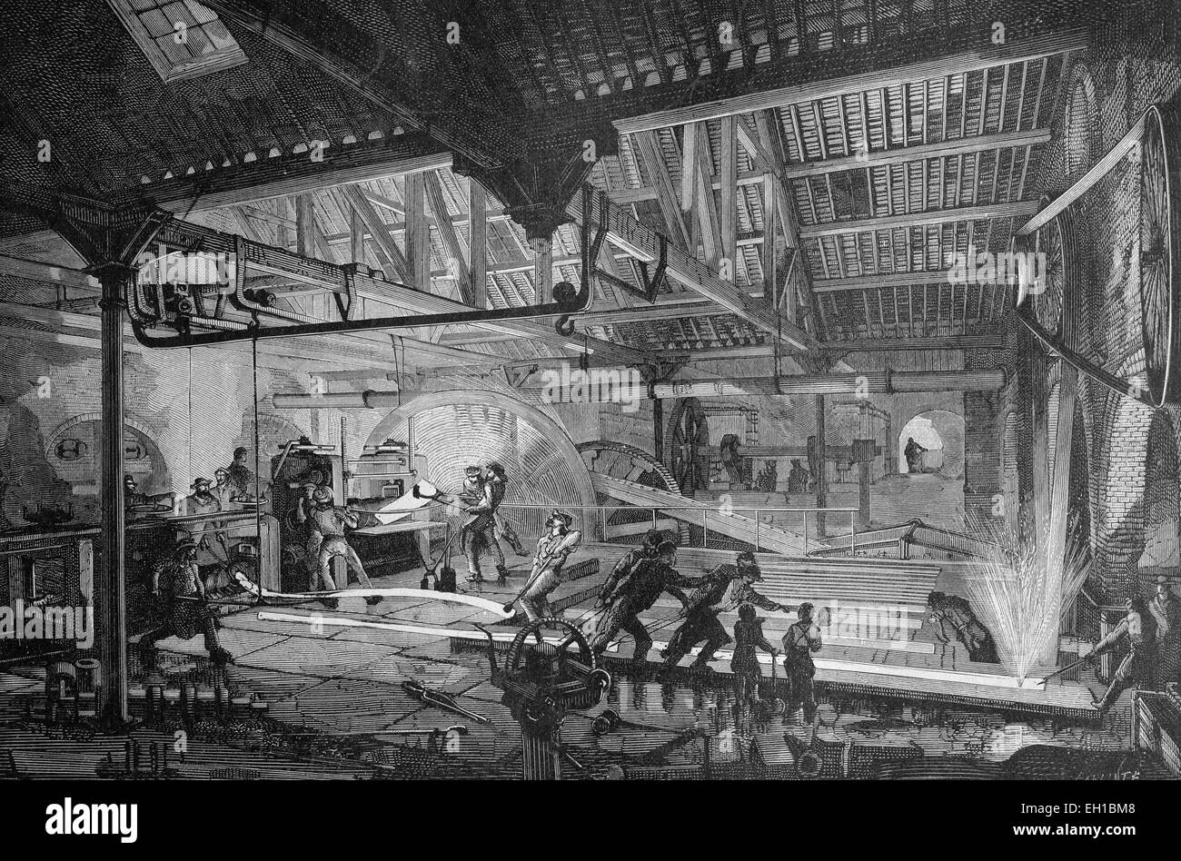 Smelting of railroad tracks, historical illustration, ca. 1893 Stock Photo