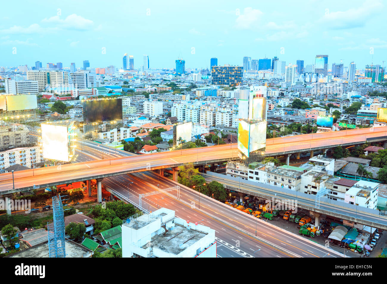 aerial view of Bangkok Highway to Downtown business area at night Stock ...